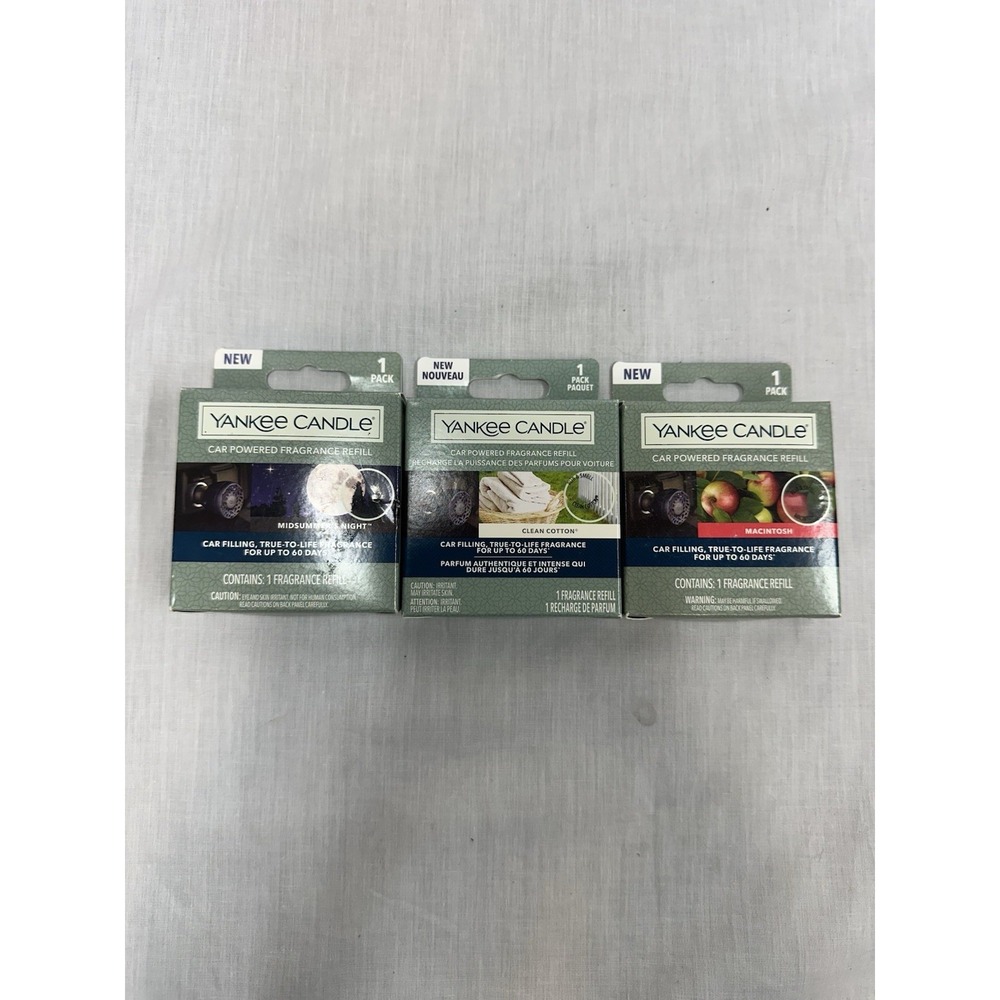 Yankee Candle Car Powered Refill X3 Macintosh Clean Cotton Midsummers Night